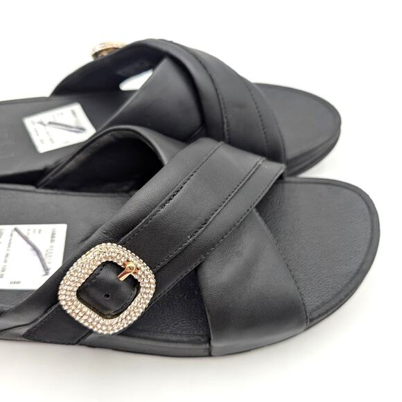 FitFlop LULU Crystal Buckle Leather Cross Slides Sandals Black Size US9 EU41 - Picture 12 of 15